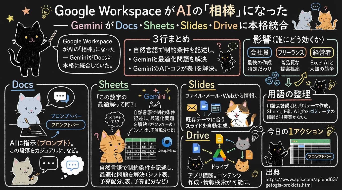 Google Workspace がAIの「相棒」になった — Gemini がDocs・Sheets・Slides・Driveに本格統合