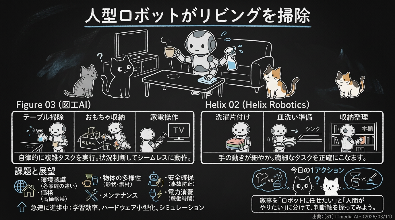 人型ロボットがリビングを掃除 — テーブル拭き、コップ片付け、おもちゃ収納を実演