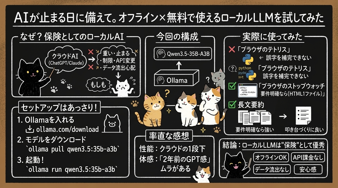 AIが止まる日に備えて。オフライン×無料で使えるローカルLLMを試してみた