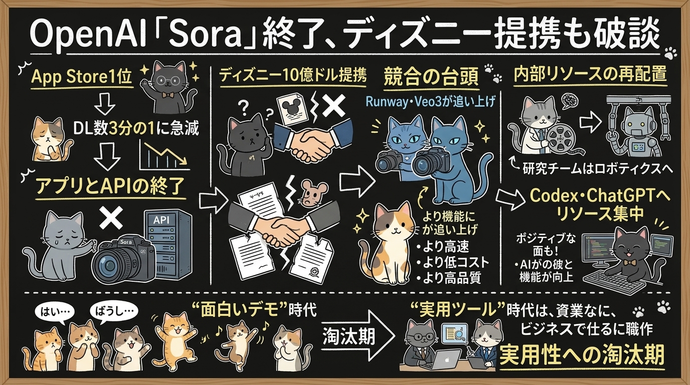 OpenAI「Sora」終了、ディズニー10億ドル提携も破談 — "面白いデモ"から"実用ツール"への淘汰が始まった