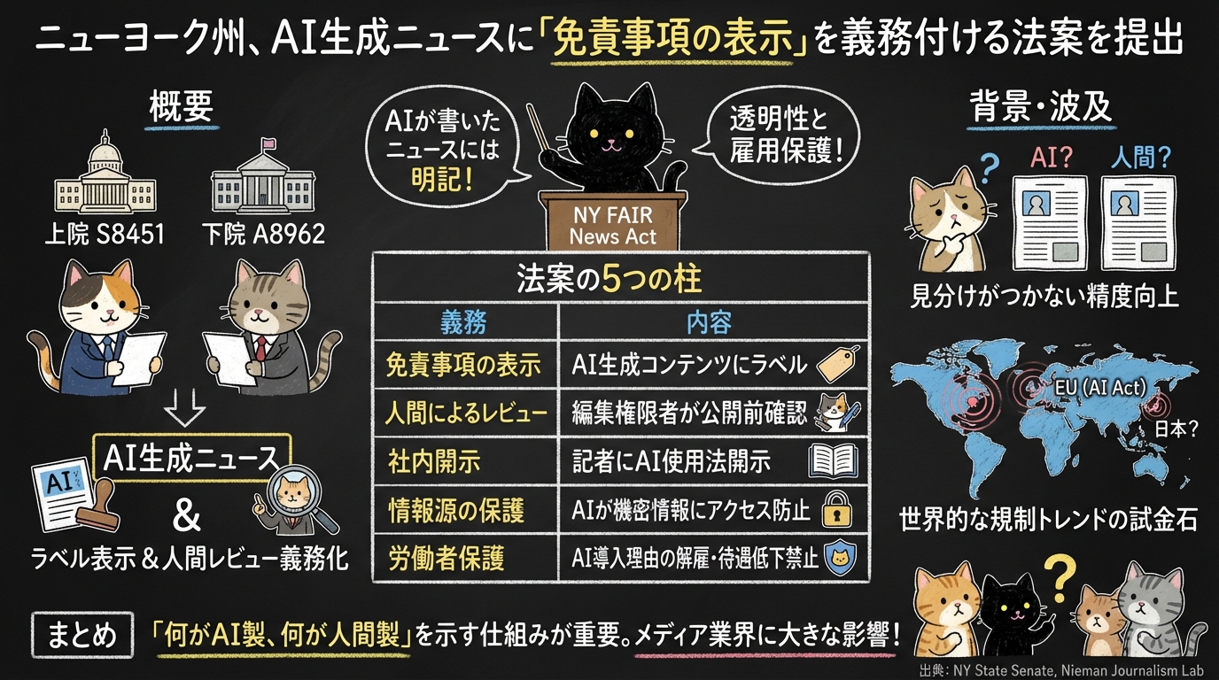 ニューヨーク州、AI生成ニュースに「免責事項の表示」を義務付ける法案を提出