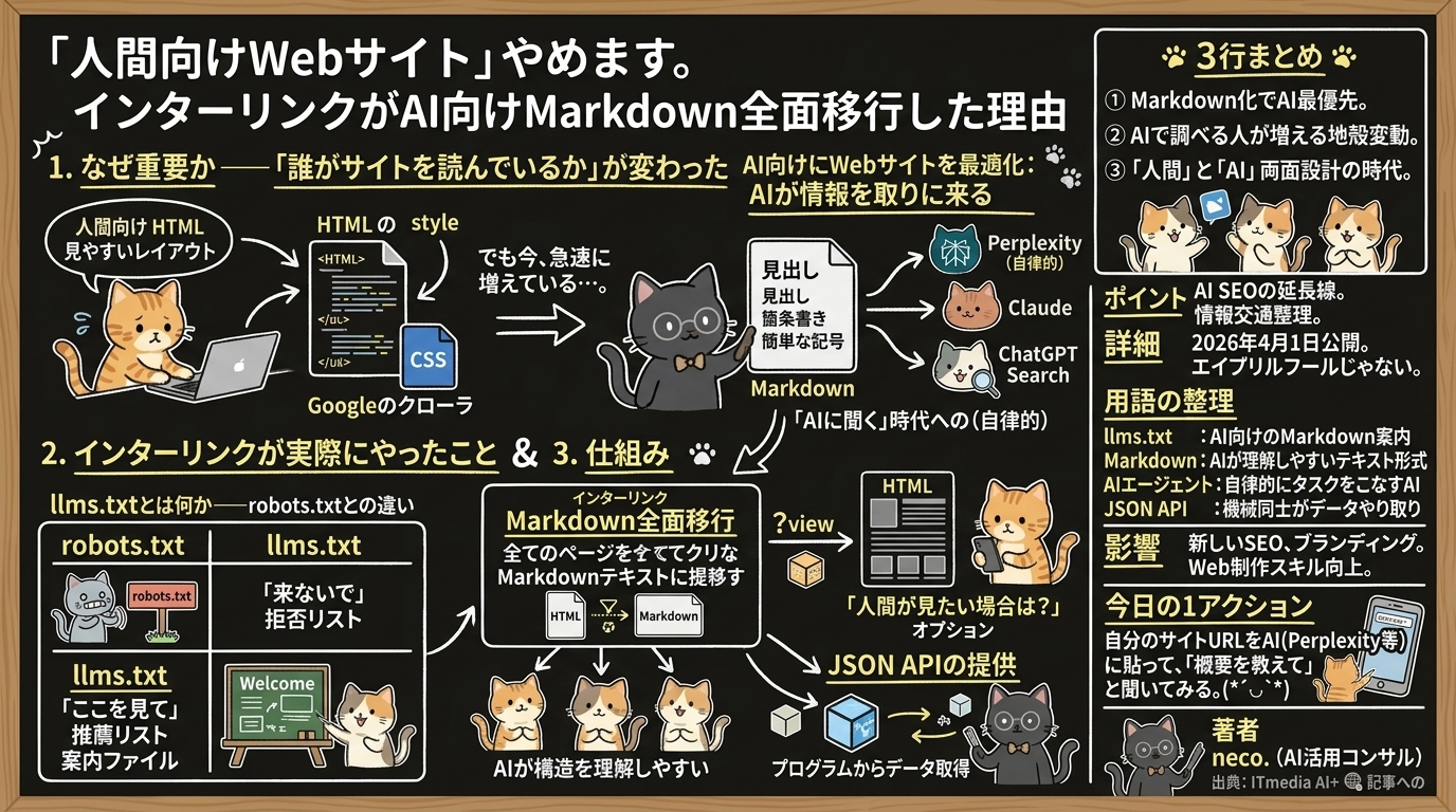 「人間向けWebサイト」やめます。インターリンクがAI向けMarkdown全面移行した理由