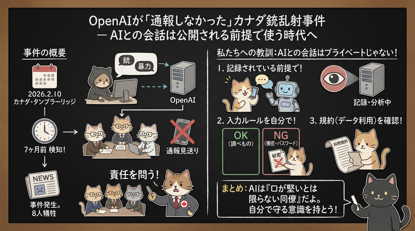 OpenAIが「通報しなかった」カナダ銃乱射事件 — AIとの会話は公開される前提で使う時代へ