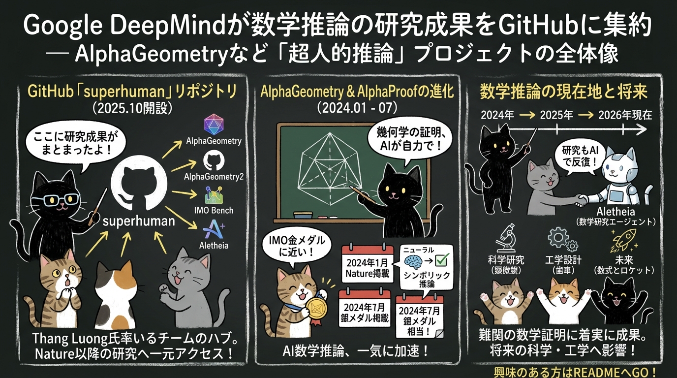 Google DeepMindが数学推論の研究成果をGitHubに集約 — AlphaGeometryなど「超人的推論」プロジェクトの全体像