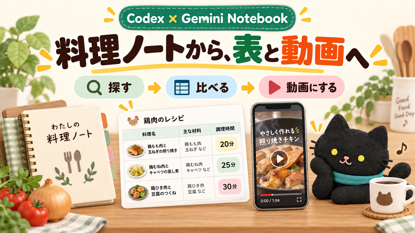 料理ノートを探して、表と動画に。Codex×Gemini Notebookで試したこと