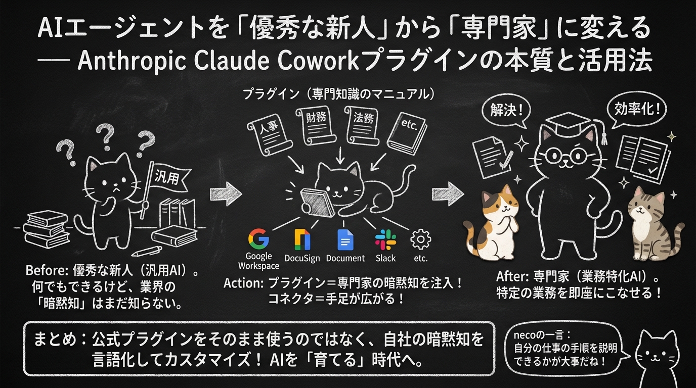 # AIエージェントを「優秀な新人」から「専門家」に変える — Anthropic Claude Coworkプラグインの本質と活用法