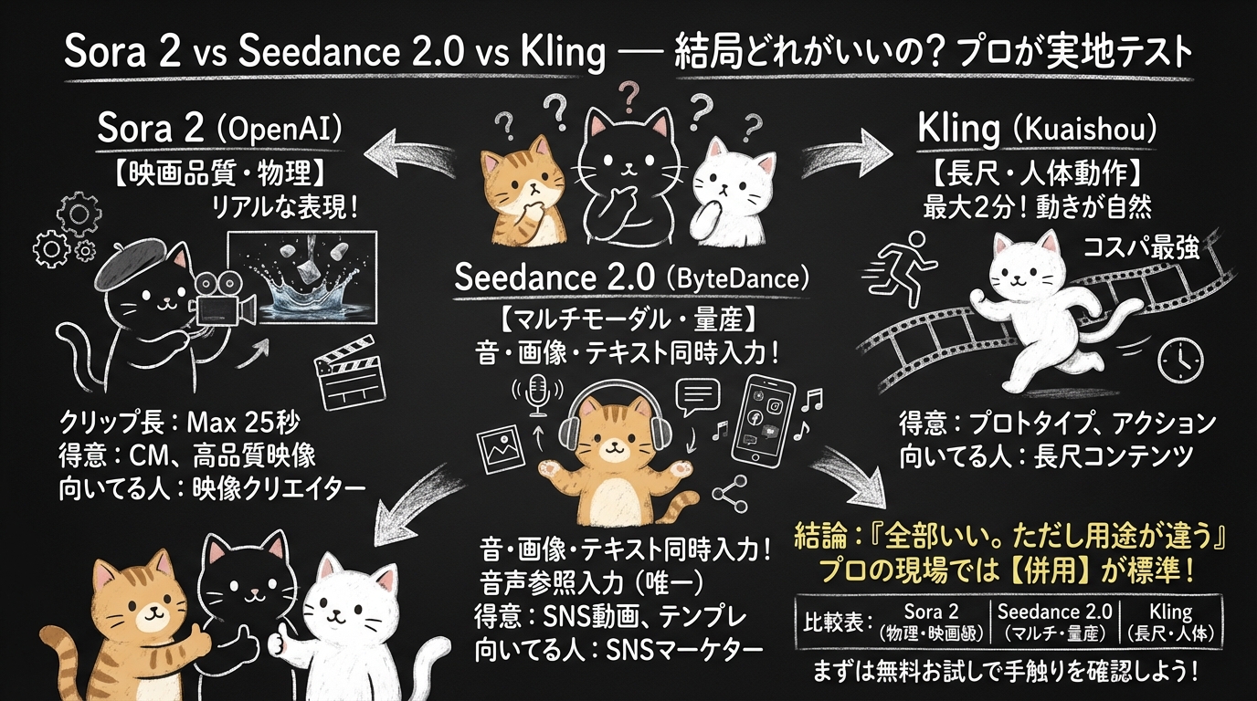 Sora 2 vs Seedance 2.0 vs Kling — 結局どれがいいの？プロが実地テスト