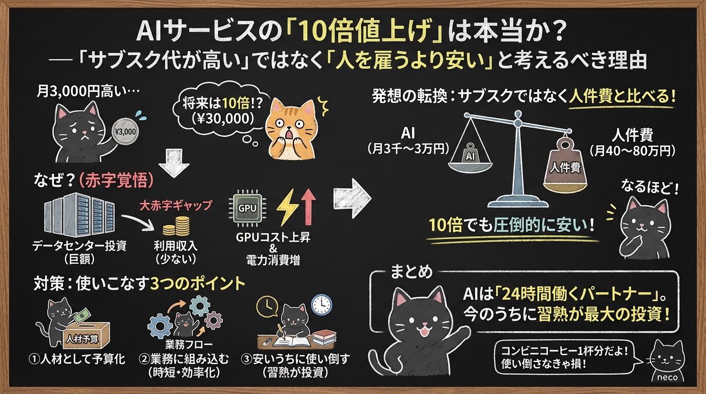 AIサービスの「10倍値上げ」は本当か？ — 「サブスク代が高い」ではなく「人を雇うより安い」と考えるべき理由