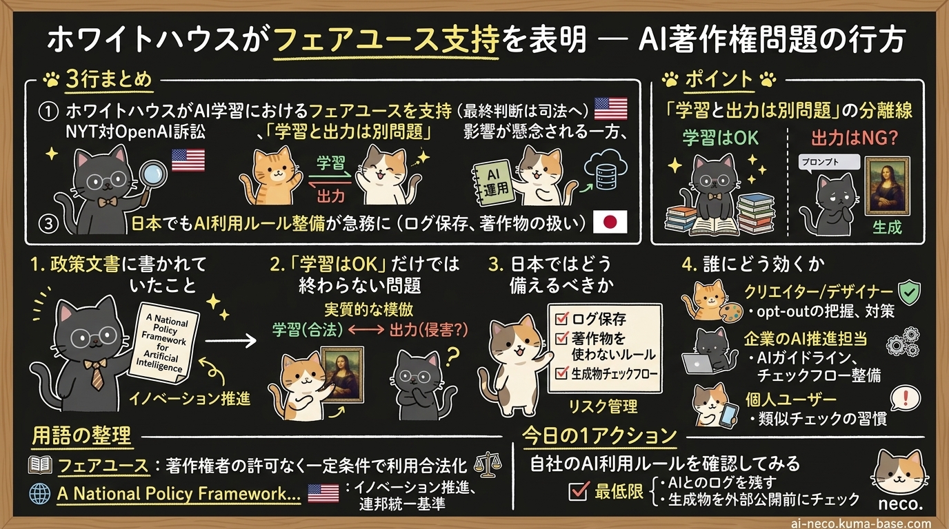 ホワイトハウスがフェアユース支持を表明 — AI著作権問題の行方