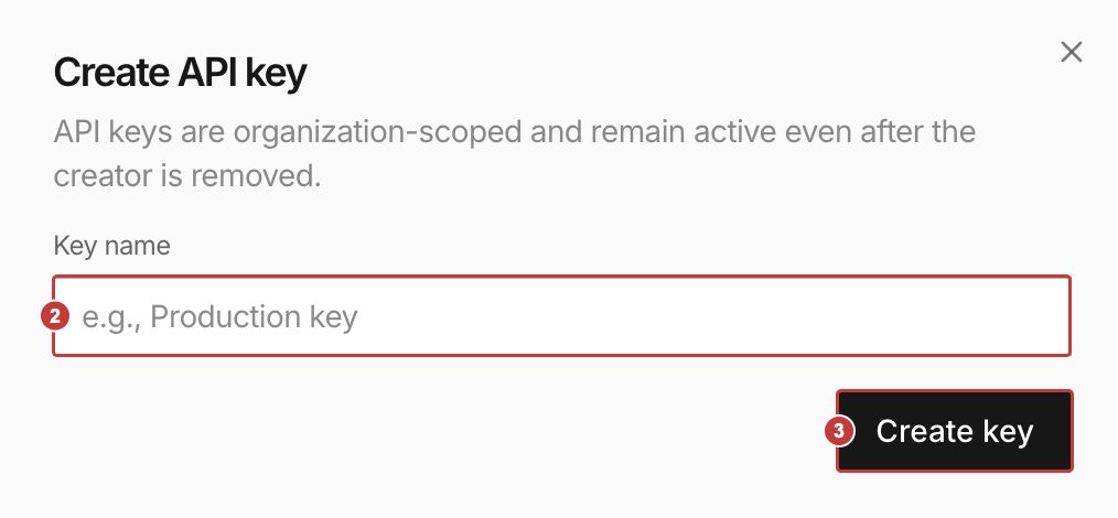 2：キーに名前を付ける、3：Create keyを押す