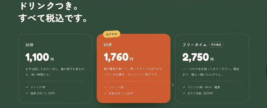 利用時間ごとに3枚のカードで整理した料金部分