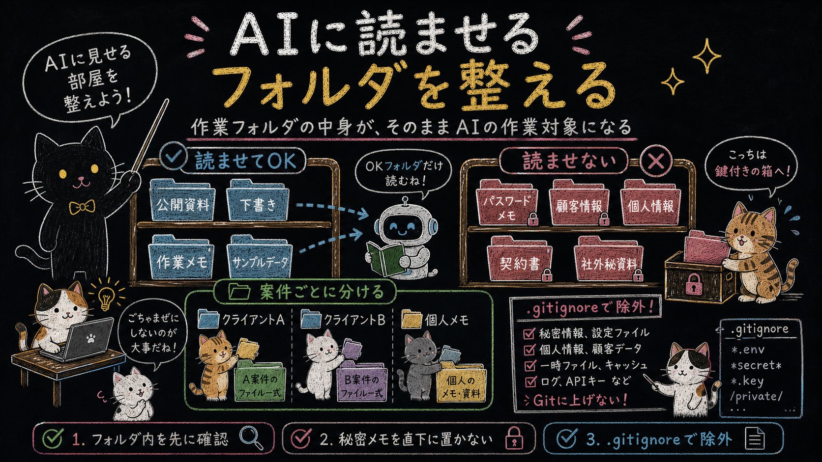 AIに読ませるフォルダを整える黒板ポンチ絵