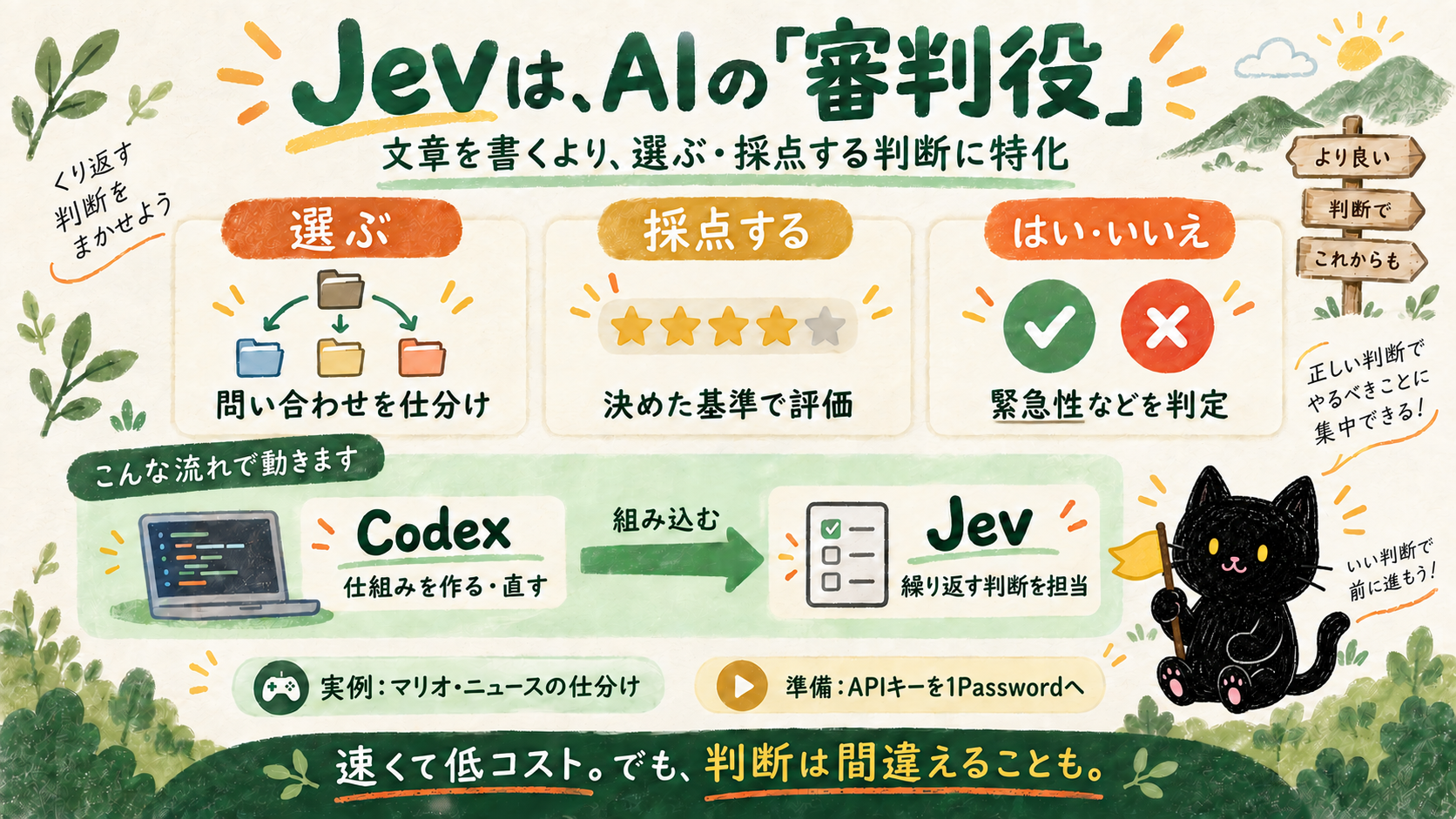 Jevの役割とCodexとの組み合わせをまとめた黒猫のイラスト