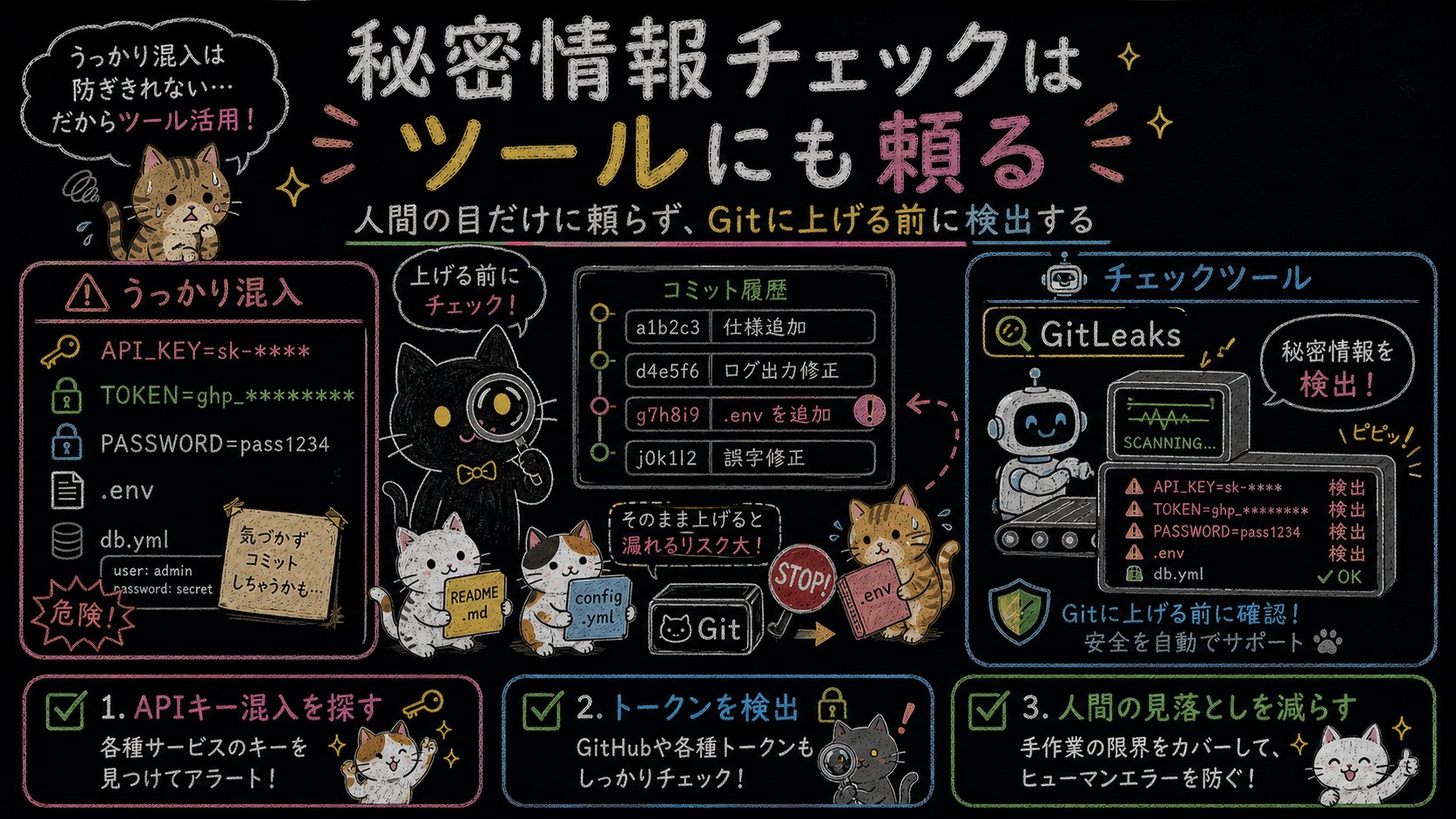 GitLeaksのような秘密情報チェックツールを使う黒板ポンチ絵