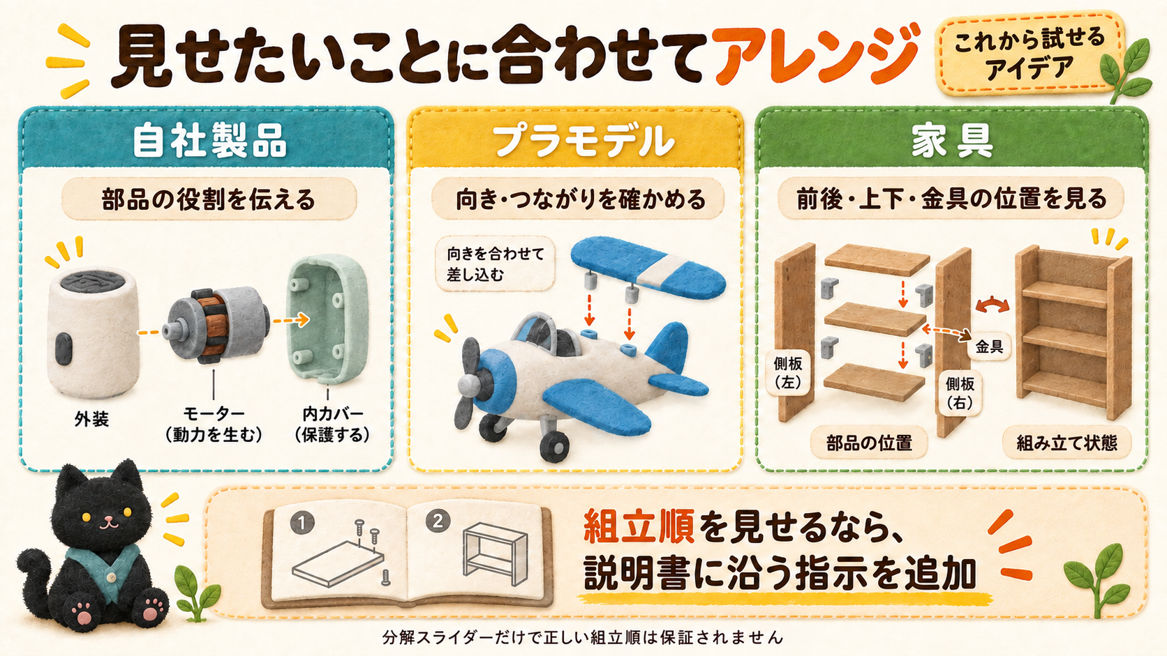 自社製品の役割説明、プラモデルの向きと接続、家具の部品配置へのアレンジ案。組立順には説明書に沿う指示が必要