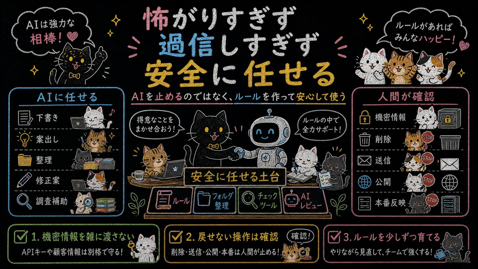 AIを怖がりすぎず過信しすぎず安全に任せる黒板ポンチ絵