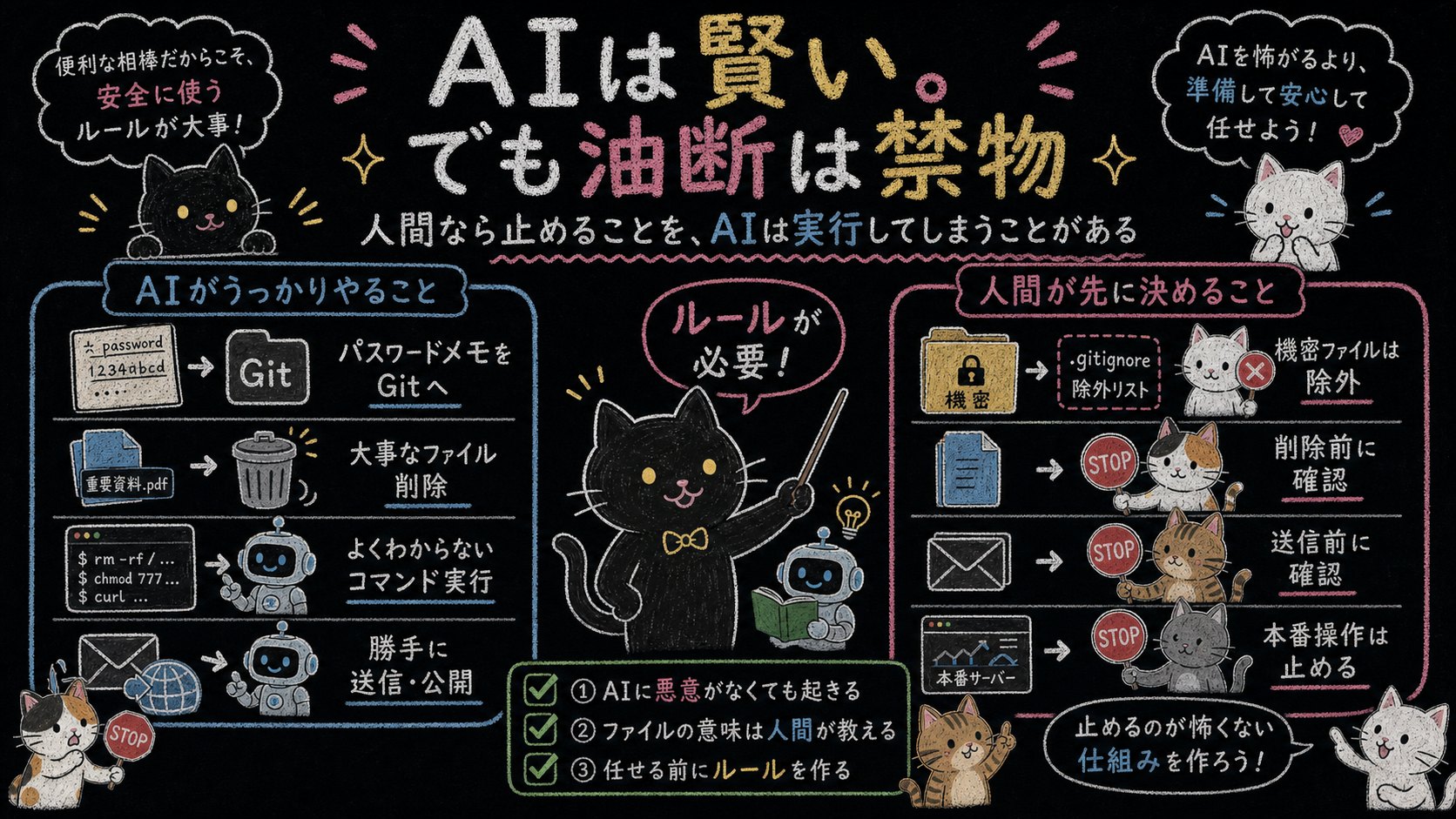 AIは賢いが油断は禁物という黒板ポンチ絵