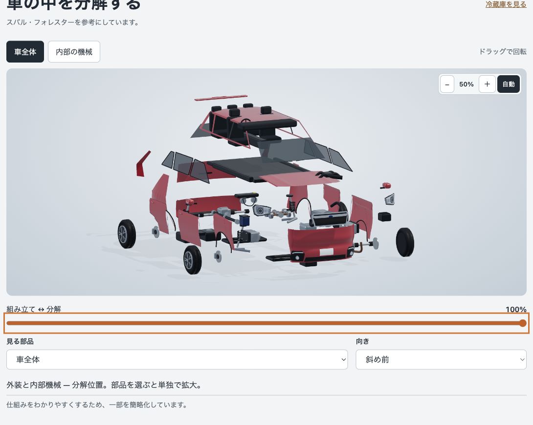 車全体の分解率を100%にして外装や車輪、内部機構を分けた実画面