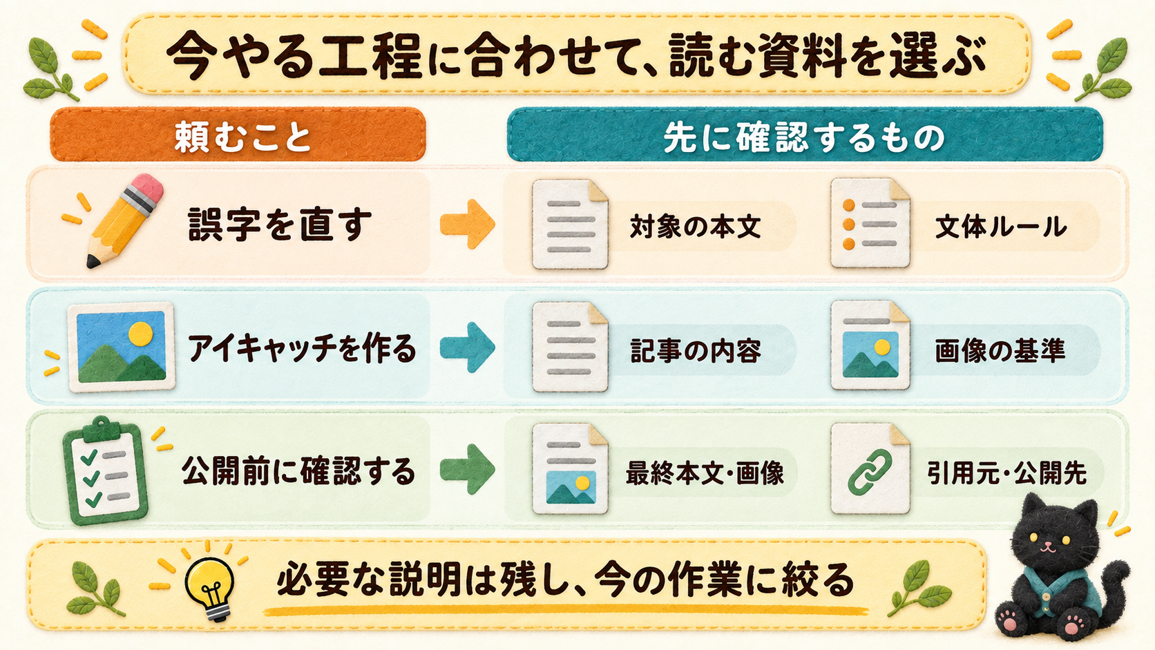 誤字修正・アイキャッチ制作・公開前確認ごとに、必要な本文・基準・出典などを対応させた図解