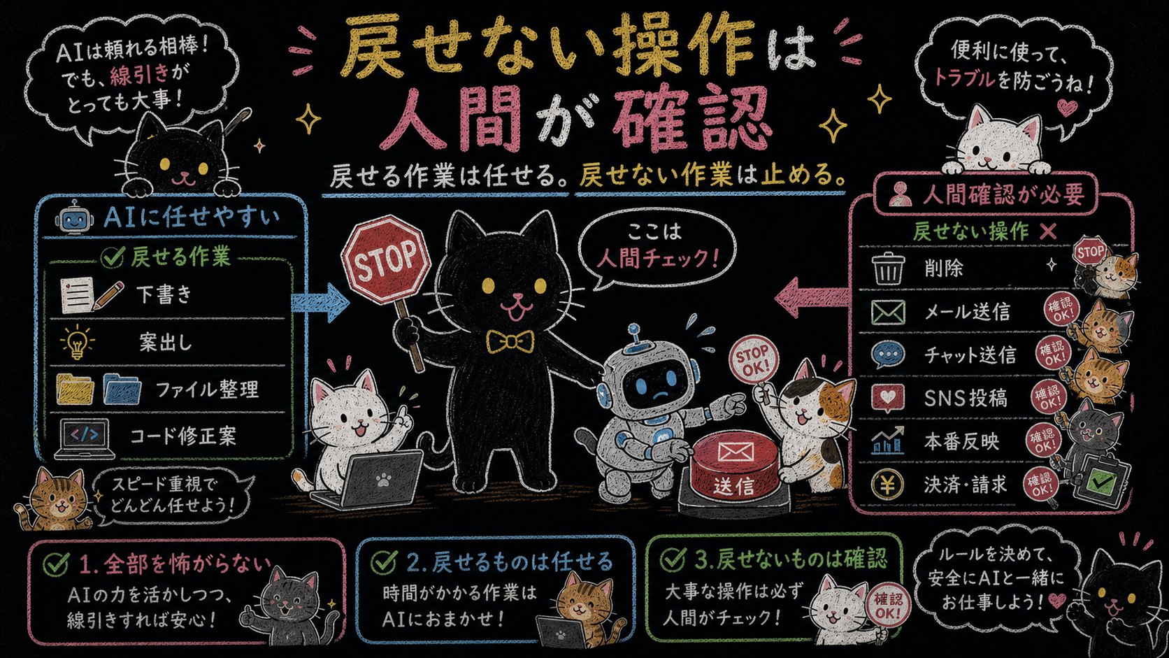 削除や送信の前に人間が確認するイメージ